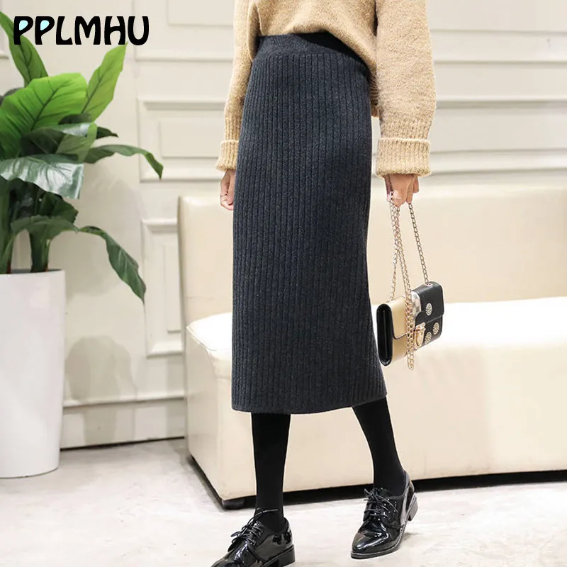 

Womens Package Hip Skinny Skirt Split Elegant Midi Pencil Skirt Autumn Winter Casual Knitted Skirt Black High Waist Skirt