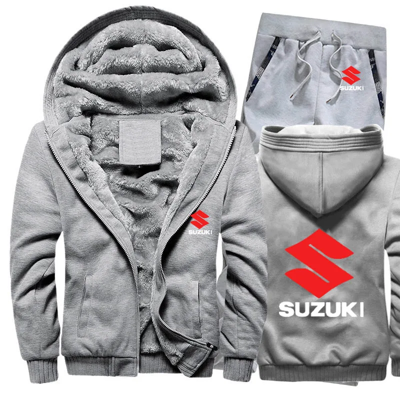 Мужские толстовки с капюшоном с логотипом Suzuki, мужские толстовки с капюшоном, зимний утепленный флисовый хлопковый спортивный костюм на молнии, мужская куртка+ штаны, комплекты из 2 предметов
