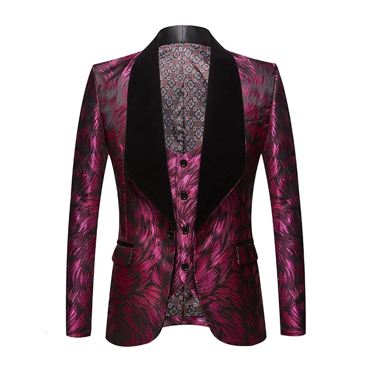 PYJTRL Men 3 Pieces Set Jacquard Burgundy Suits Wedding Groom Tuxedos Evening Party Prom Dress Suits Stage Singers Costume
