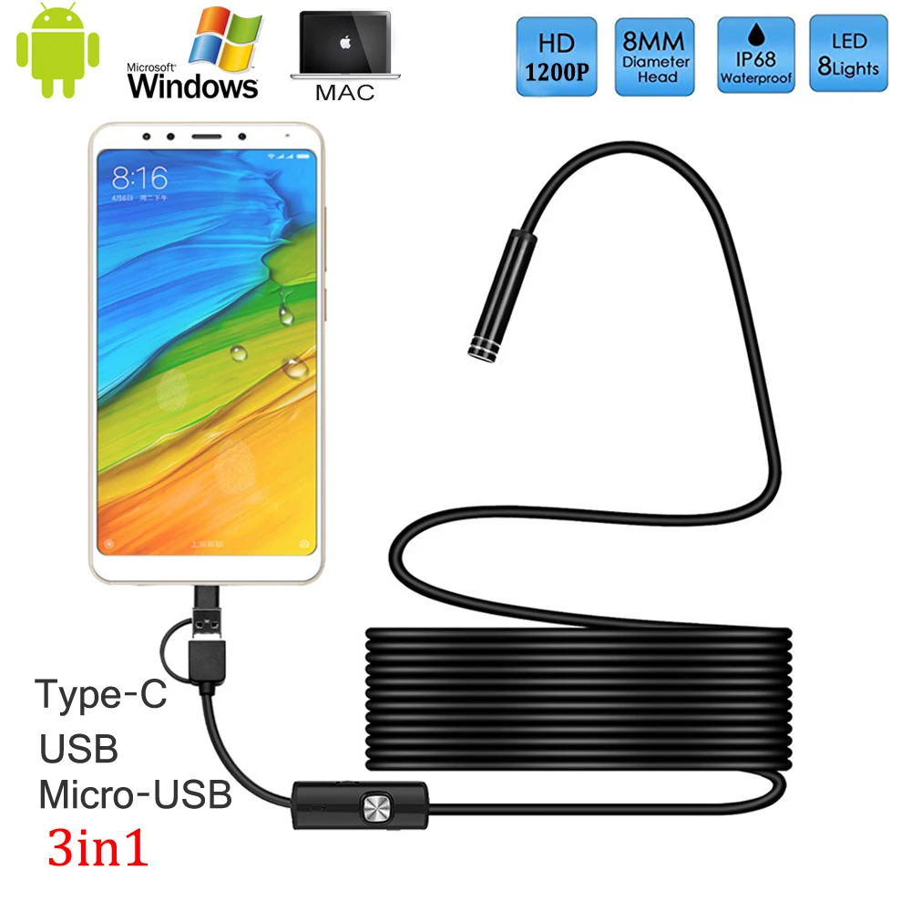 Компактная камера-эндоскоп HD 1200P IP68 с гибким крепким проводом 5 м Бороскоп Mirco USB