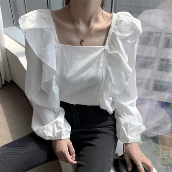 

Long Sleeve Shirt Women White Ruffles Cotton Blouse Elegant Square Collar Lantern Sleeve Blouse Ladies Tops