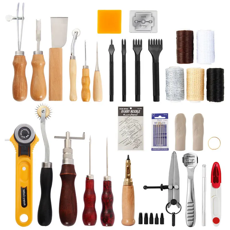 62Pcs Leather Craft Tools Kit Hand Sewing Stitching Punch Carving Work Saddle Leathercraft Accessories Home Hand Tool Kits