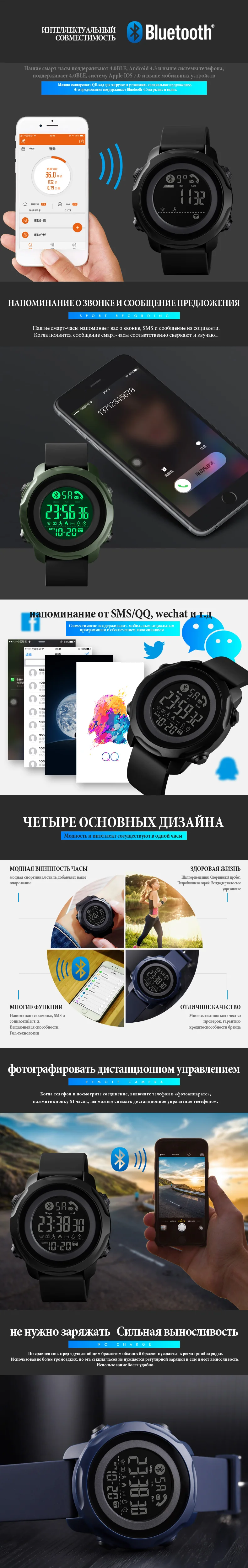 SKMEI спортивные Смарт мужские часы модный водонепроницаемый светильник дисплей Bluetooth приложение напоминание спящий монитор reloj inteligente 1572