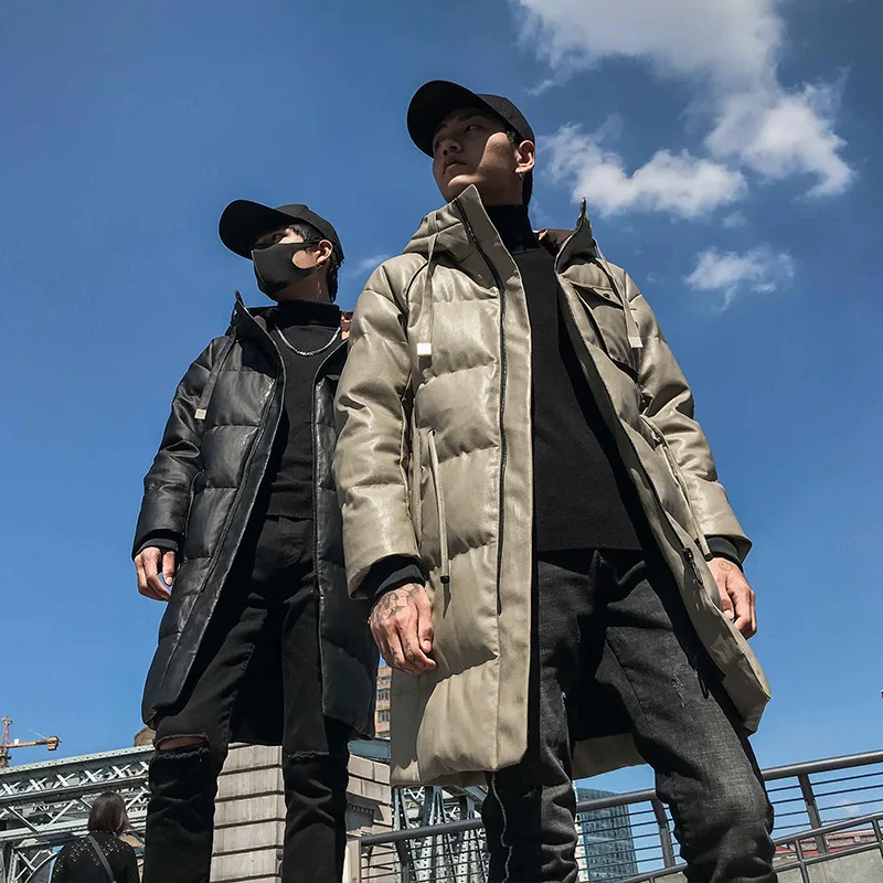 Cotton Coat Leather Coat Men's Mid-length Winter New Style Korean-style Trend Cotton-padded Clothes Fashion Slim Fit Hat PU