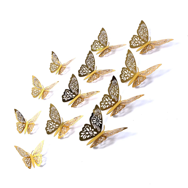 12Pcs 4D Hollow Butterfly Wall Sticker DIY Home Decoration Wall Stickers wedding Party Wedding Decors Butterfly Kids Room Decors gold 2