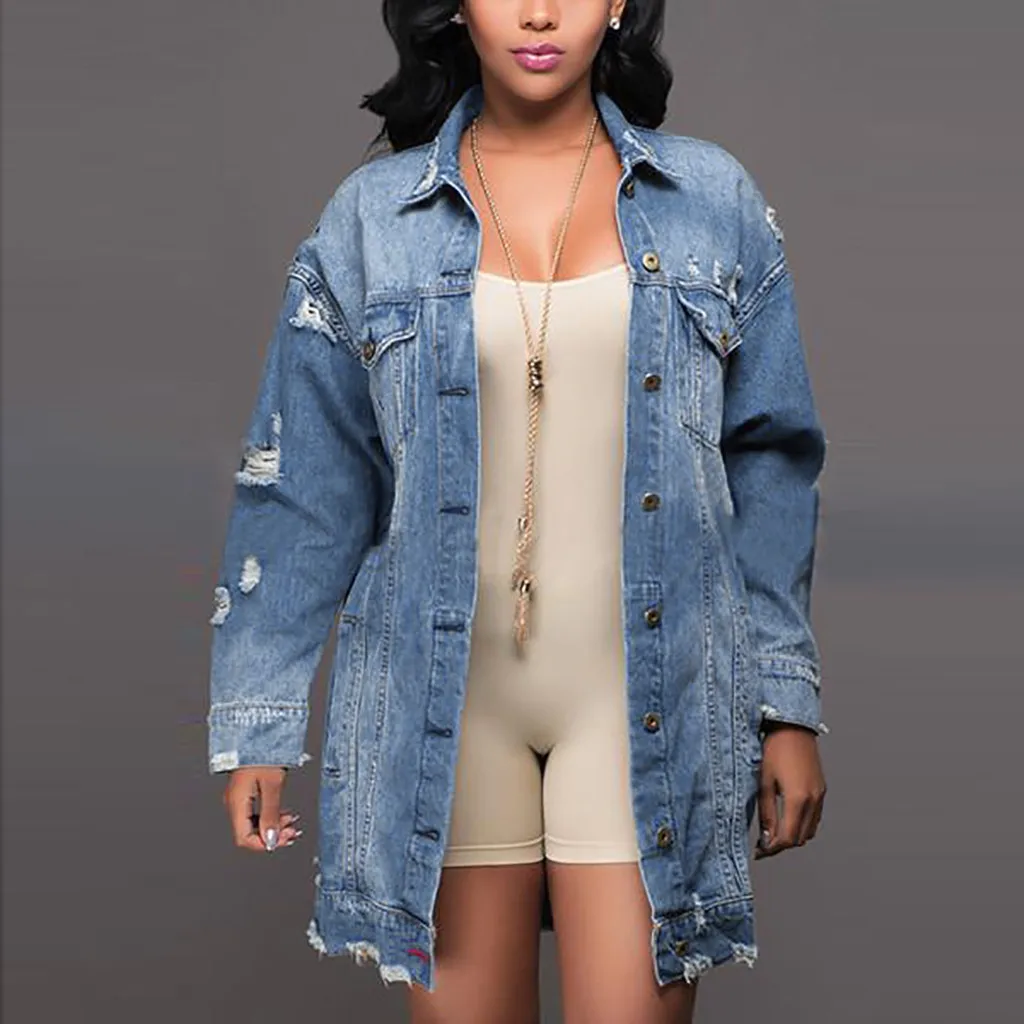 Fashion Women's Ripped Denim Jacket Autumn Multi-pocket Long Sleeve Mid-length Jean Jacket Hip-hop Women's Coat Streetwear#fs 1