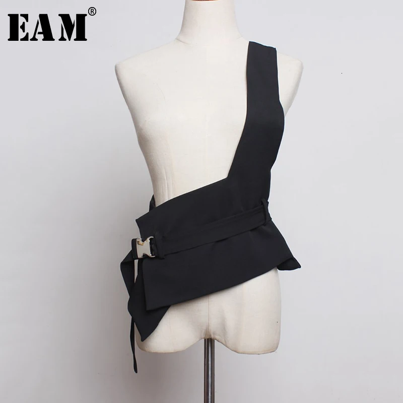 Split-Joint Vest Spring Asymmetrical Black Women EAM Sleeveless Loose Autumn Fashion