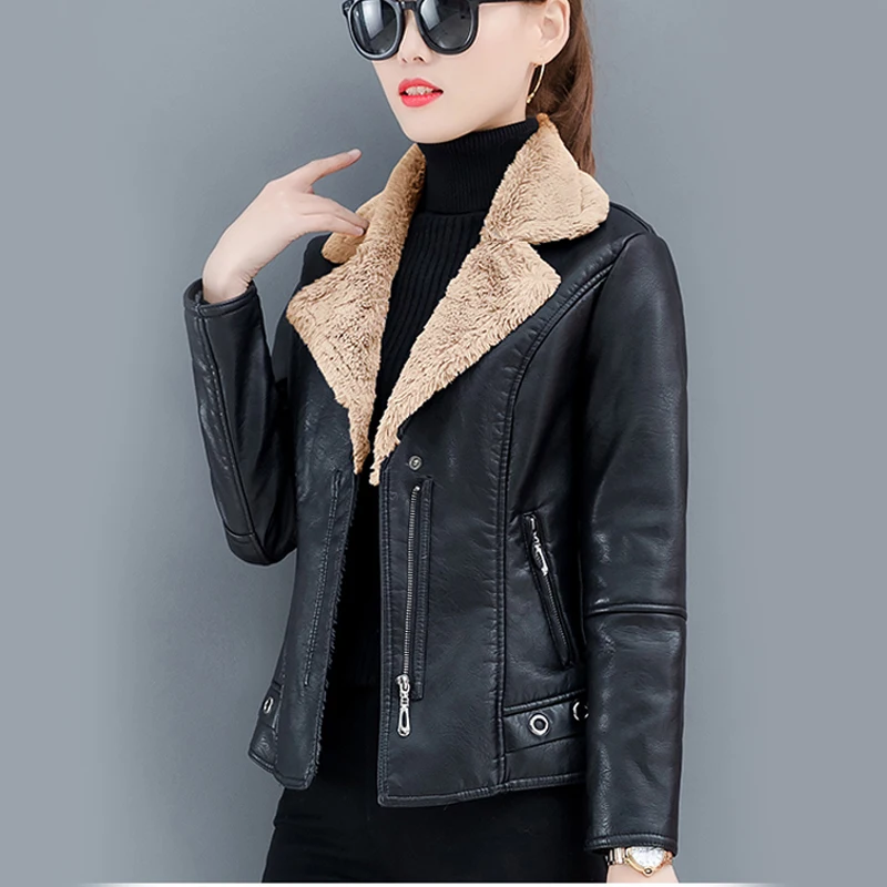 

Lucyever Women Faux Leather Jacket Autumn Winter Plus Size Patchwork Wool Collar Motorcycle PU Coat Korean Black Biker Clothes