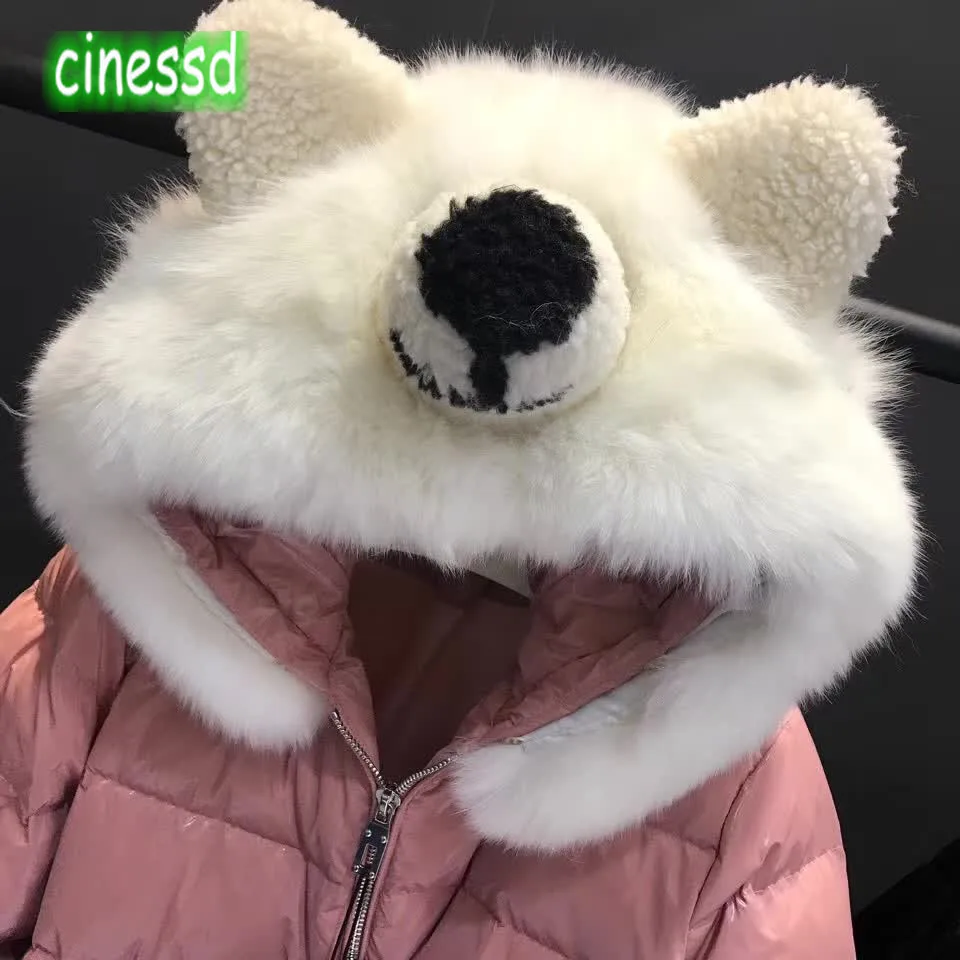 Cinessd/Высококачественный аутентичный пуховик для родителей и детей пуховик с лисьим мехом и головой медведя зимняя теплая женская одежда