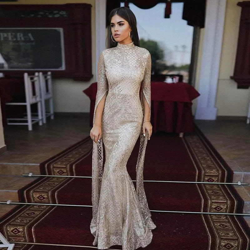 Echoine Women Silver Slim Maxi Dress Long Sleeve Party Autumn Winter Sexy Elegant Sundress Female Vintage Wed Ladies Clothing
