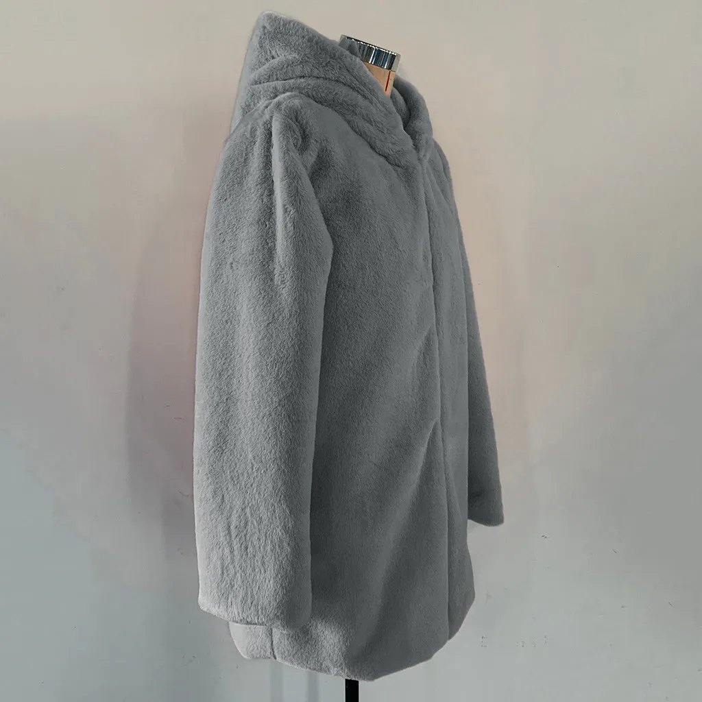 Пальто из искусственного меха, повседневная женская зимняя меховая теплая верхняя одежда с капюшоном, длинное пальто-Тедди, однотонное Свободное длинное пальто, верхняя одежда, большие размеры