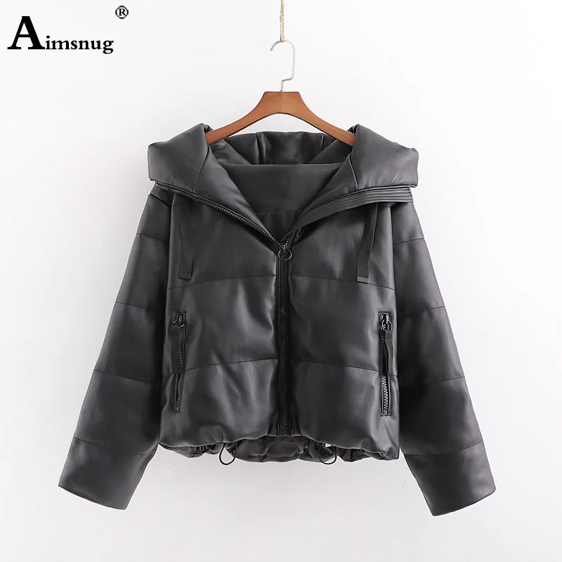 Aimsnug из искусственной кожи, женские парки, модные пальто из искусственной кожи с капюшоном, элегантные хлопковые куртки на молнии, женская зимняя куртка, верхняя одежда