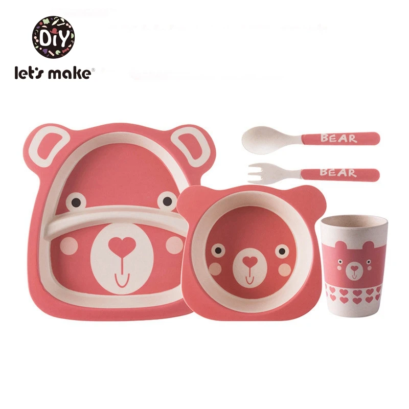 Let's Make Children's Dishes Baby Bamboo Tableware Set Plate Bowl Spoon Fork Bottle Cup Cartoon Animal Baby Feeding Dinnerware