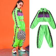 Детская зеленая Одежда для танцев в стиле хип-хоп короткая куртка топ, Укороченное пальто повседневные штаны для бега для девочек, костюм для джазовых танцев, одежда