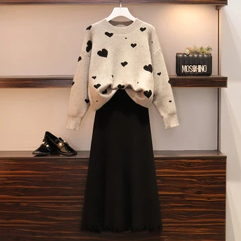 

New Women's Heart Knitted Sweater Top+Mid-calf High Waist Knit Skirts 2 Piece Set Women Sweater Suit Fashion Winter Clothes 2020