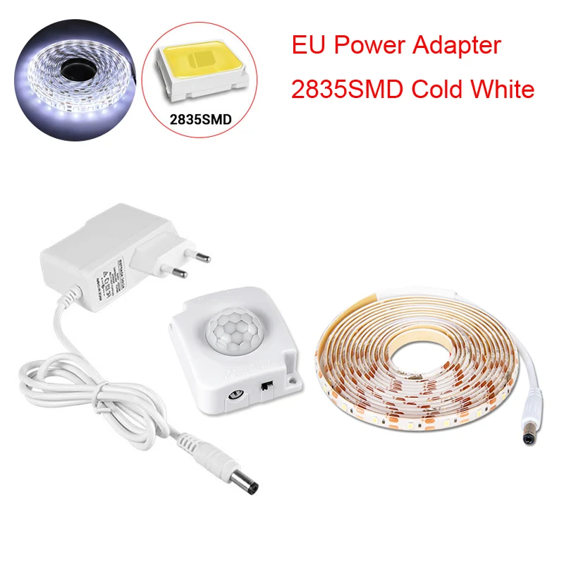 EU Cold White 1 м-5 м движения PIR Сенсор светодиодный Ночной светильник 12V 2835 Светодиодные ленты с Сенсор переключатель 2A Мощность адаптер шкаф Кухня под кроватью светильник - Испускаемый цвет: EU Cold White