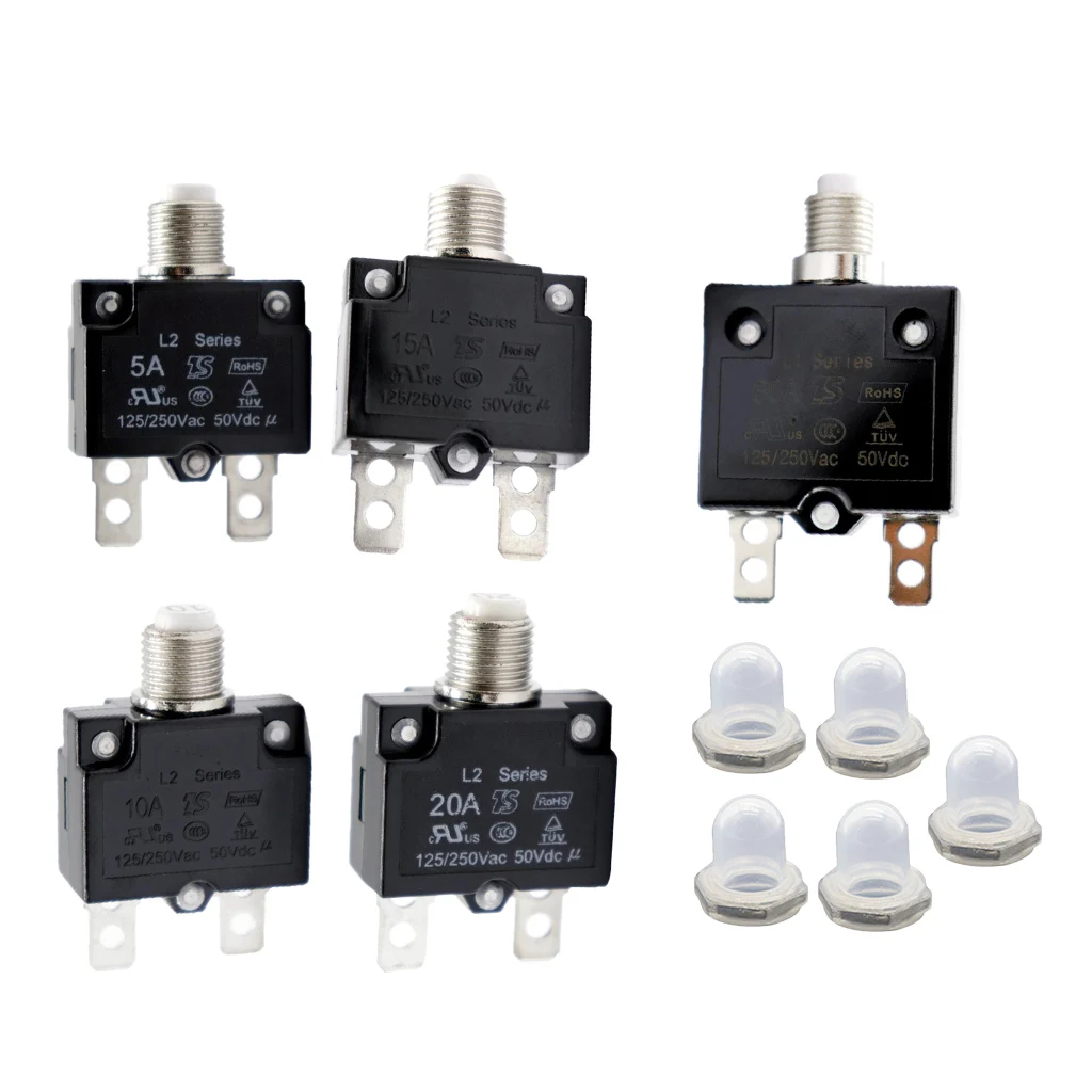5 Pieces 5/10/15/20/30 Amp Push Button Circuit Breakers with Waterproof Button Transparent Cover, DC 50V AC 125-250V