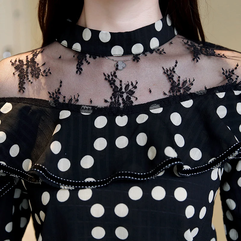 Для женщин блуза с длинным рукавом Топы 2019 Весна черного кружева блузка вырезом