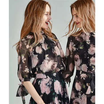 

HAVVA 2020 Spring and Summer New Romantic Floral Printed Chiffon Shirt with Long Sleeves X46650