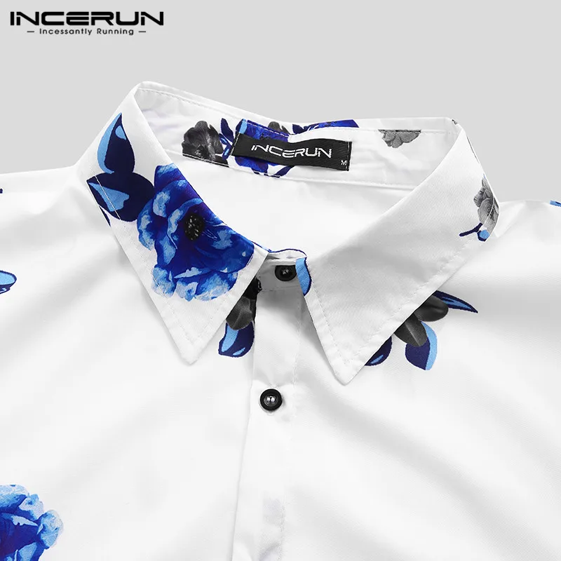 INCERUN Brand Shirt Men Simple Long Sleeve Chic Blue Rose Printed Slim Mens British Street Daily Lapel Single Breasted Blouses