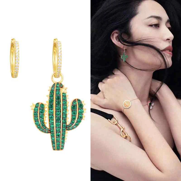 Cactus Высокое качество Новая мода Асимметричные серьги-кольца Изысканные проложить AAA+ циркониевые кристаллы фрукты Радужная Подвеска Серьги для женщин - Окраска металла: Cactus