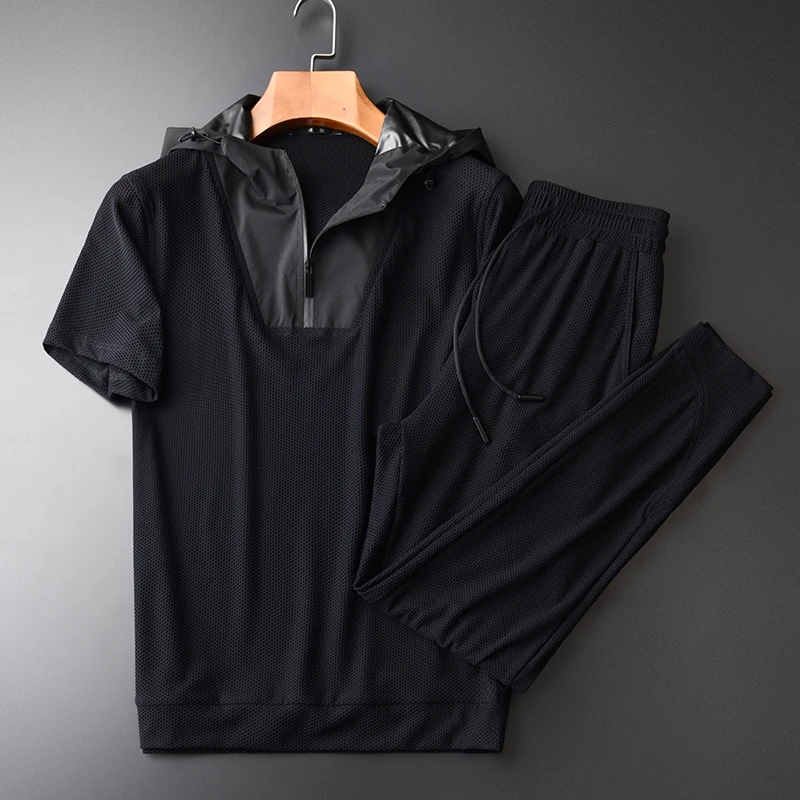 Minglu Mesh Men Sets Plus Size 4xl Luxury Hooded Short Sleeve Man Sets(T-SHIRTS+PANTS) Summer 2-piece Thin Casual Mans Sets