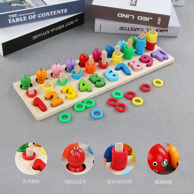 

Baby Wooden Fishing Toys Three-in-One Numbers Board Infants Children Intelligence Early Childhood Educational Building Blocks To