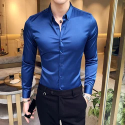 Fit Sleeve Mens Long Shirts Casual Slim Neckline Men Embroidery Dress Shirts Solid Color Formal Business Social Clothing Blouse