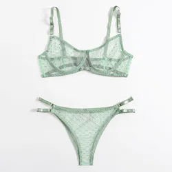 Dot Mesh Lace Lingerie Set Underwire See Through Brassiere Sexy Underwear Bra and Panty Transparent Intimate