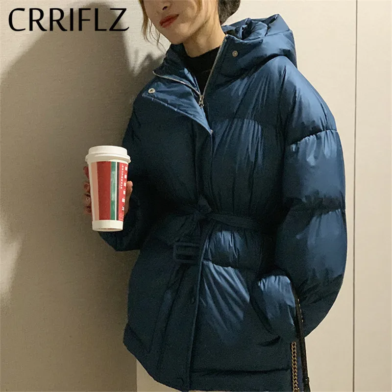 

CRRIFLZ New Down Jacket Short Adjustable Waist Hooded Coats Simple Winter Jacket Women Warm Thicken Loose Fashion Down Parka