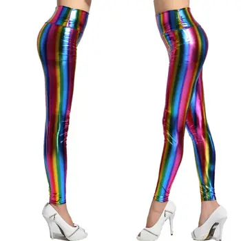 

Womens Hologram Metallic Rainbow Leggings Glitter Neon Tights Stripes Printed High Waist Yoga Pants Faux Leather Party Clubwear