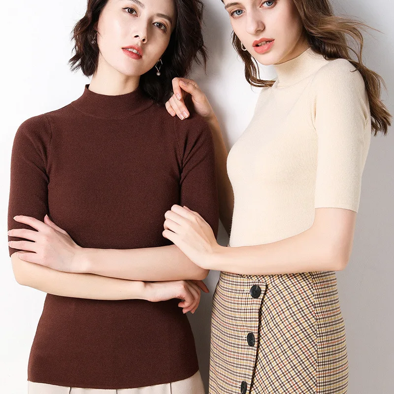 

Spring Summer Women Sweaters Pullovers Solid Turtleneck Half Sleeve Knit Sweater Ladies Soft Slim Casual Female Tops 3008 05