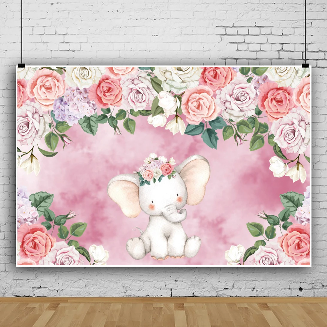 

Laeacco Elephant Flowers Pink Background Baby Shower Birthday Party Banner Child Portrait Custmized Poster Photographic Backdrop