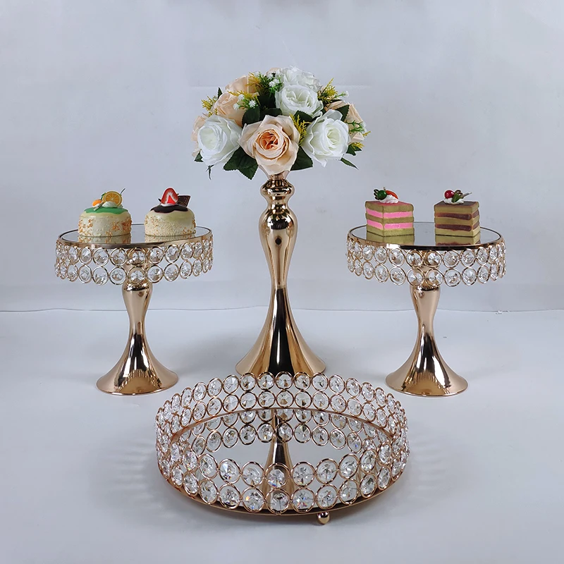 mirror Crystal beads cake stand set gold plated surface dessert stand wedding party table decoration baking tool