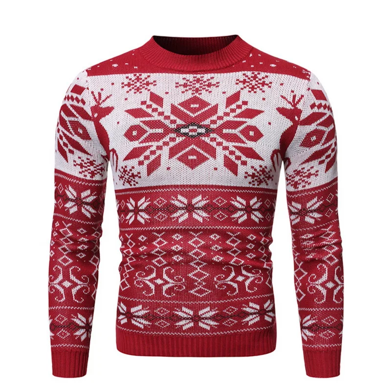 Мужской вязаный свитер, Осенний теплый Рождественский свитер, модная повседневная куртка с круглым вырезом и принтом, Мужской пуловер, свитера - Цвет: red
