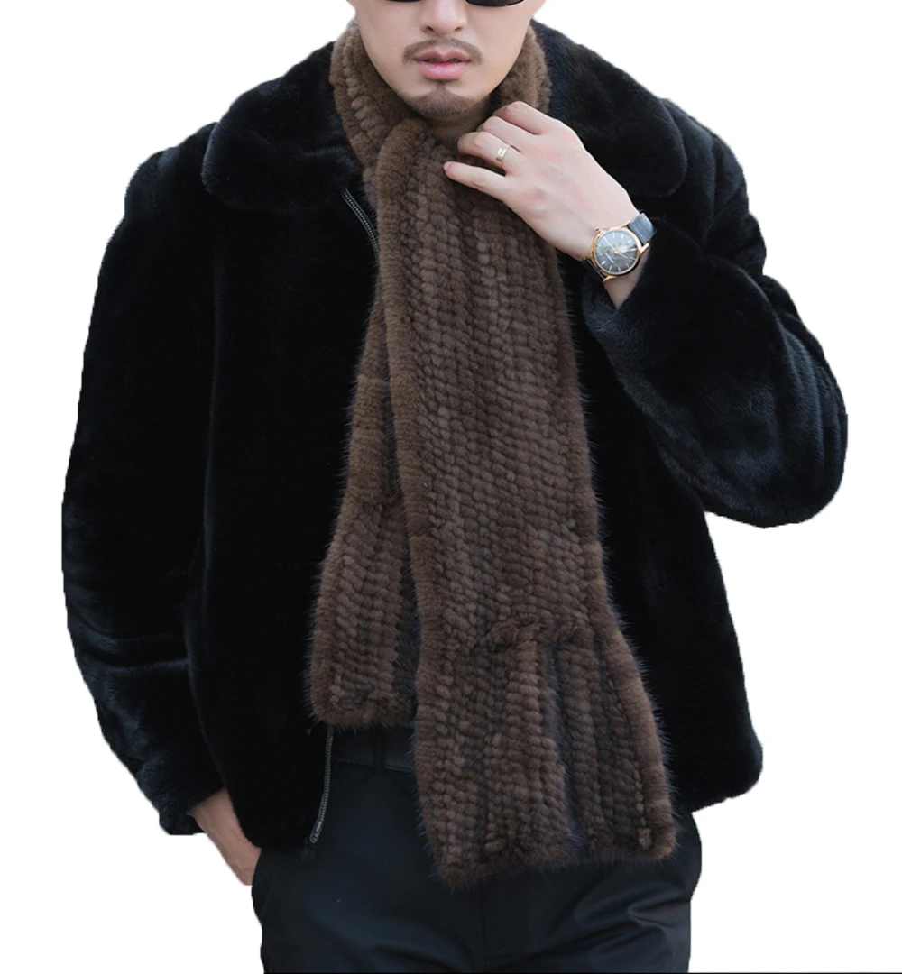 

Real Mink Fur Scarf For Men Winter Warm Neckerchief Hand-Woven Fishtail Black Brown 180*20cm