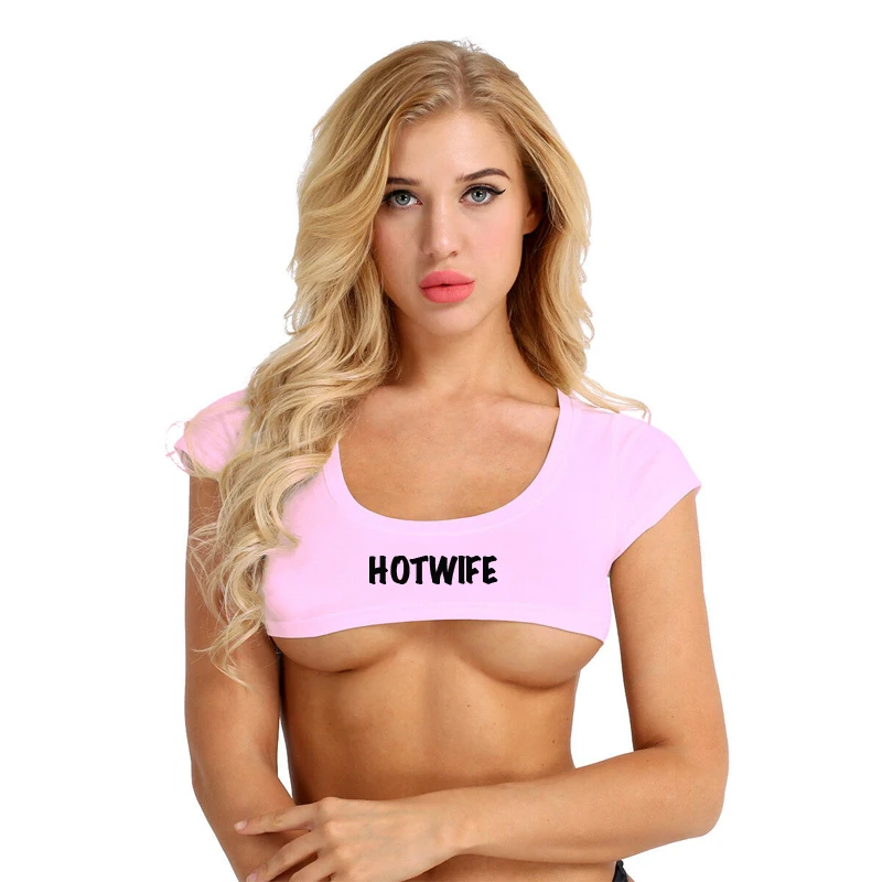 Розовый отрезать футболка микро Топ укороченный женщина сексуальная пиковая королева рабыня slut БДСМ TH88 - Цвет: HOTWIFE