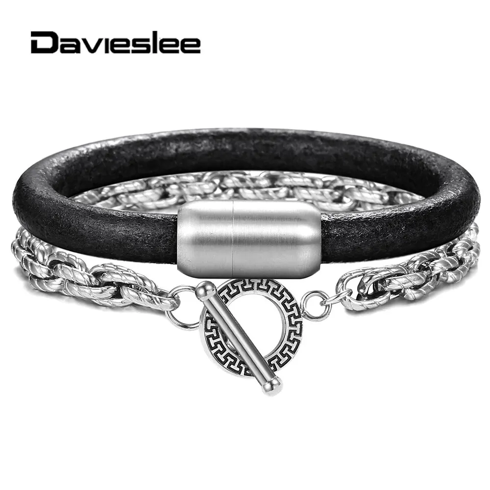 2 шт./компл. стек Браслеты для Мужские Черные натуральная кожа w Нержавеющая сталь браслет Twrist Rolo соединения кабеля для мужчин, мужская бижутерия, DDLBF54