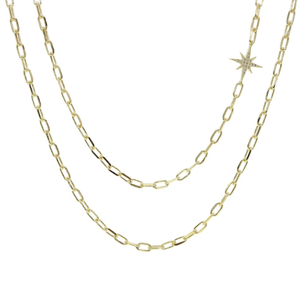 

two layer double layer starburst charm choker paper clip open link chain necklace