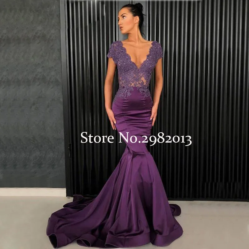 

Long Purple Mermaid Satin Prom Dresses 2020 Formal Evening Gowns Sheer Bodice robe de soiree