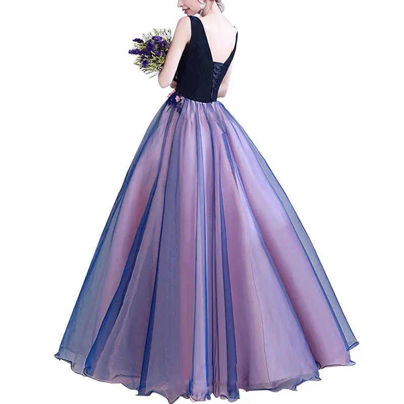 

Elegant A-LiNE Princess Prom Ball Gown V-neck Sleeveless Appliques Lace Pearl Ruffle Backless Evening Formal Dress