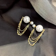 USTAR, винтажные жемчужные Двухсторонние серьги-гвоздики для женщин, золото, серебро, цвет, цепочка, кисточка, женские серьги, бижутерия, ювелирное изделие