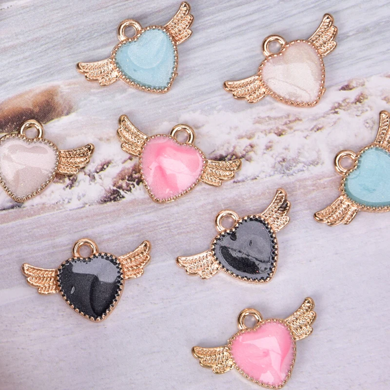 

10Pcs/Set Cute Wing Heart Enamel Charms Pendant Jewelry Findings DIY Making Blue/White/Pink/Gray