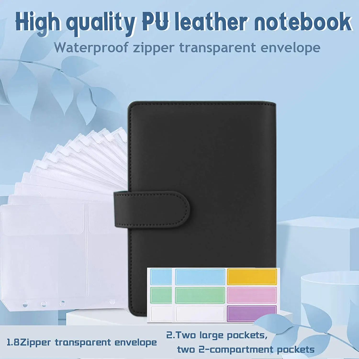 A6 PU Leather Notebook Binder Budget Planner Cash Envelope Wallet Pockets System Planning Program Organizer Money Cash 12 Labels
