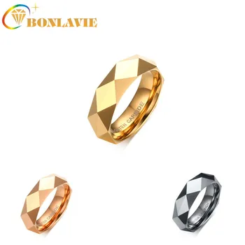 

BONLAVIE Rhombus Faceted Tungsten Steel Ring 6MM Fashion Japan Korea IP Gold Plating High Polished Tungsten Carbide Men Rings
