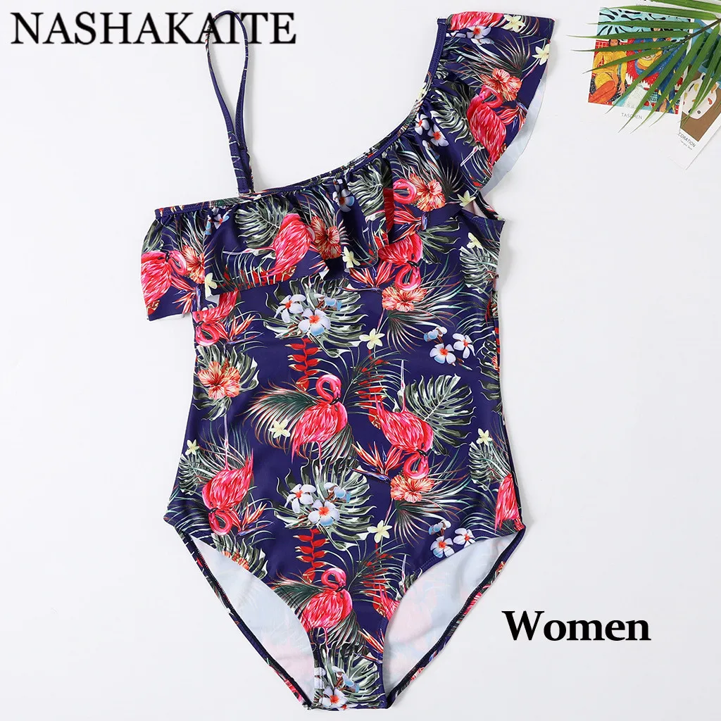 NASHAKAITE купальный костюм для мамы и дочки; Новинка; пляжная одежда на одно плечо с принтом Фламинго; семейный Купальник; купальник для мамы и дочки