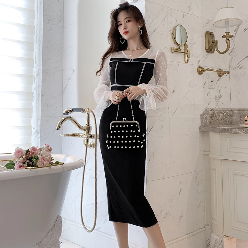 V neck Commute Dress Women Autumn New Arrival Splicing Hit Color Dresses Fashion High Waist Mesh Sleeve Dot OL Dress