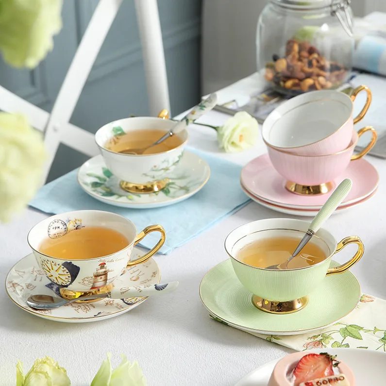 European Coffee Cup Set Bone Porcelain Golden Edge Creative Simple Ceramic Household Mugs Plate Afternoon Camellia Teacup | Дом и сад