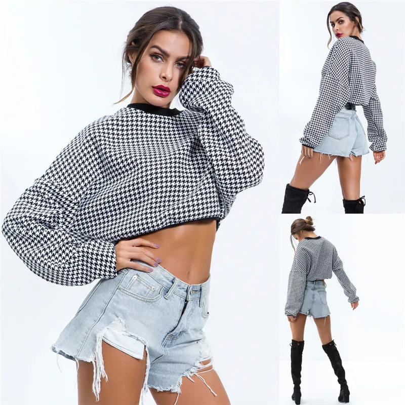 Hirigin новые модные женские короткие топы женские свободные худи с длинным рукавом Женские клетчатые пуловеры повседневные толстовки с круглым вырезом
