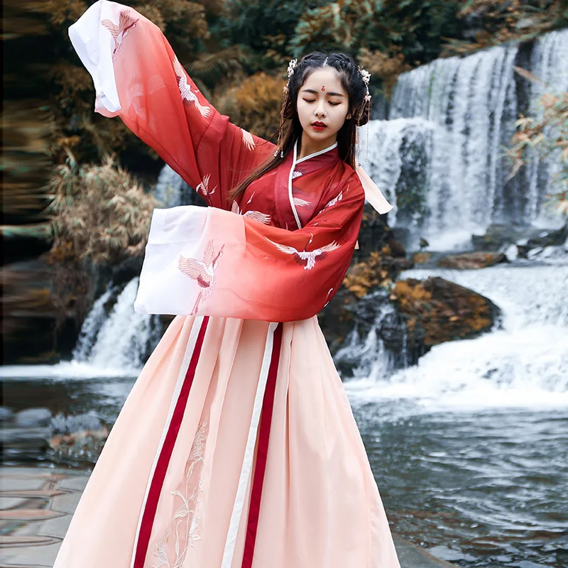 Hanfu женское летнее платье в китайском стиле с вышивкой в пол, винтажное платье свободного кроя с принтом и расклешенными рукавами, длинное платье для женщин